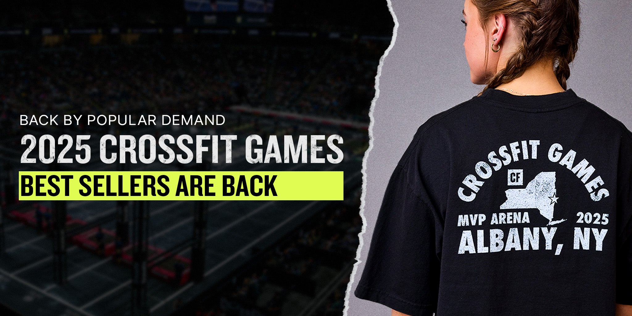 Person wearing a black t-shirt with 'CrossFit Games' text, next to promotional text "BACK BY POPULAR DEMAND 2025 CROSSFIT GAMES BEST SELLERS ARE BACK"