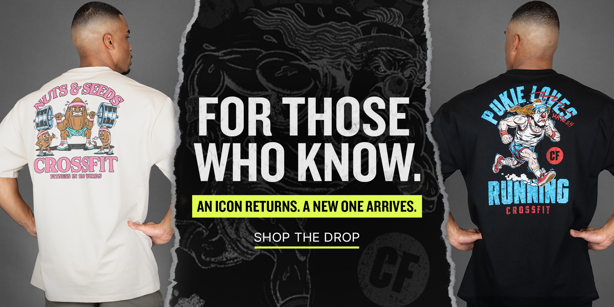 Two men wearing t-shirts with graphic designs featuring Pukie loves running and Nuts and seeds, promotional banner "FOR THOSE WHO KNOW AN ICON RETURNS. A NEW ONE ARRIVES SHOP THE DROP" in the center.