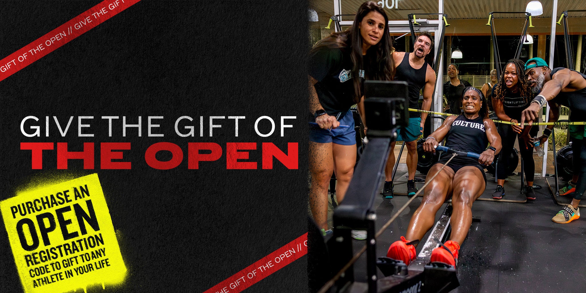 Group of people using rowing machines with text "GIVE THE GIFT OF THE OPEN PURCHASE AN OPEN REGISTRATION CODE TO GIFT TO ANY ATHLETE IN YOUR LFIE"