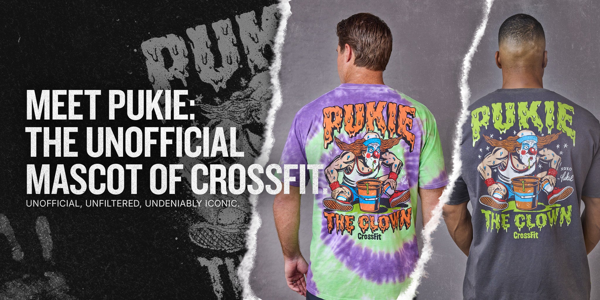 Two people wearing Pukie the Clown t-shirts with text "MEET PUKIE: THE UNOFFICIAL MASCOT OF CROSSFIT."